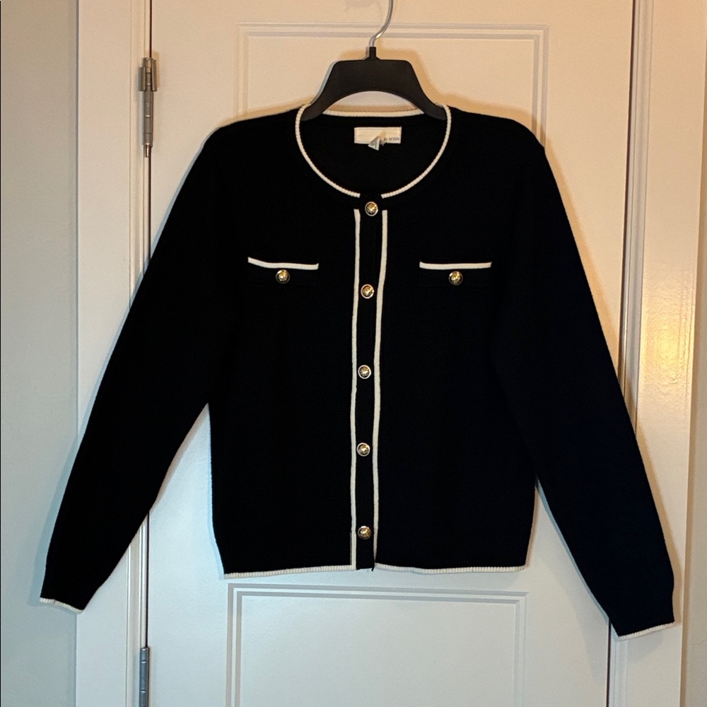 By Design Black Cardigan Sweater White Trim Gold Buttons Women’s L